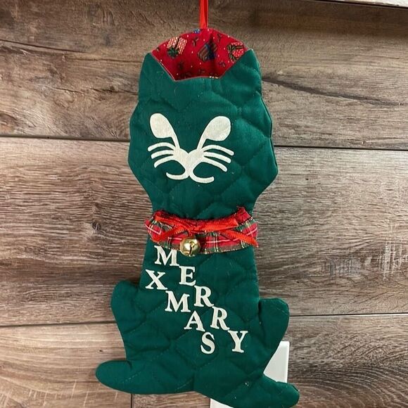 Vintage Quilted Cat Christmas Holiday Stocking Door Hanger Decor Green Red White - Picture 2 of 6